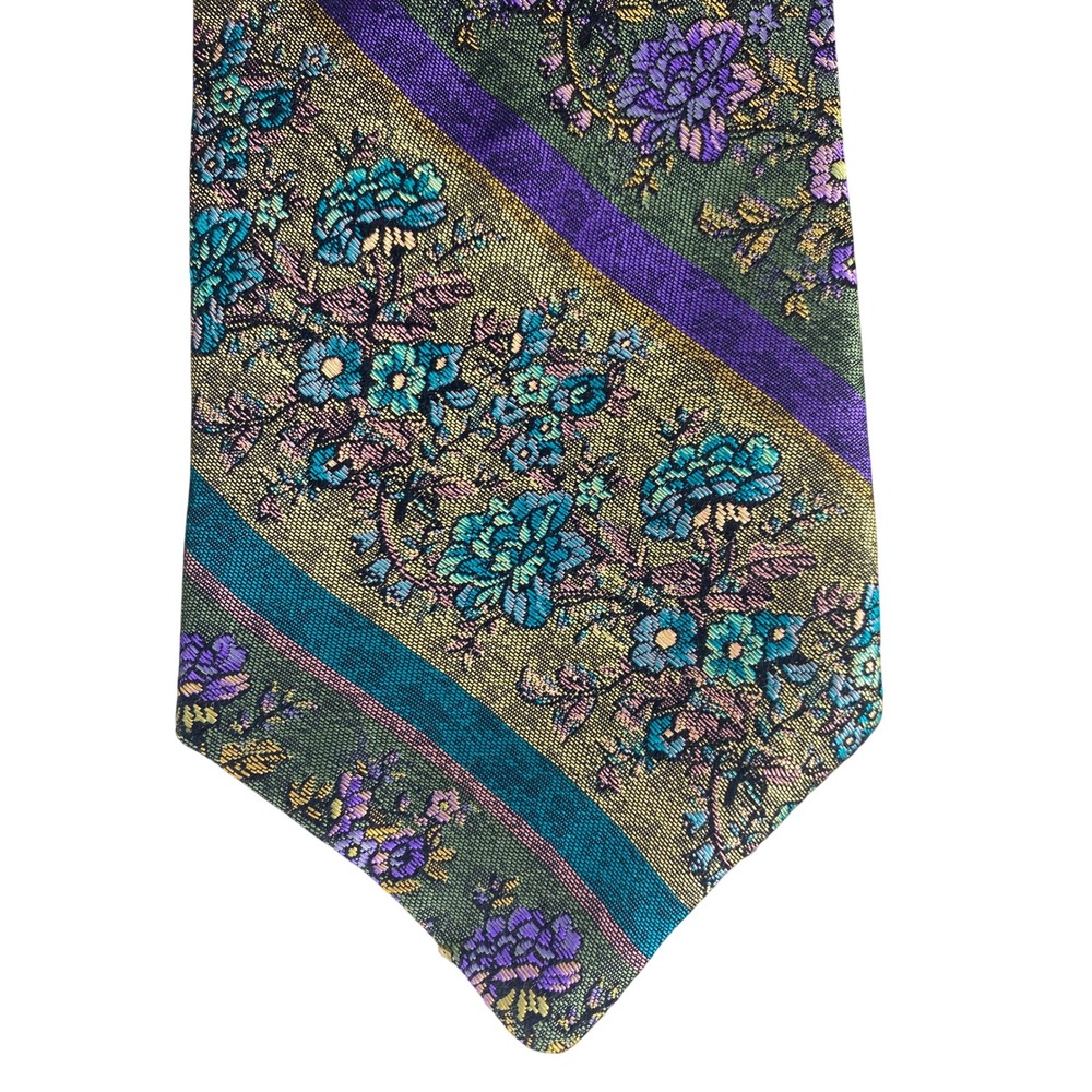 Unbranded Mens Silk Tie Floral Brocade Gold Purple Teal Vintage Italian Fabric